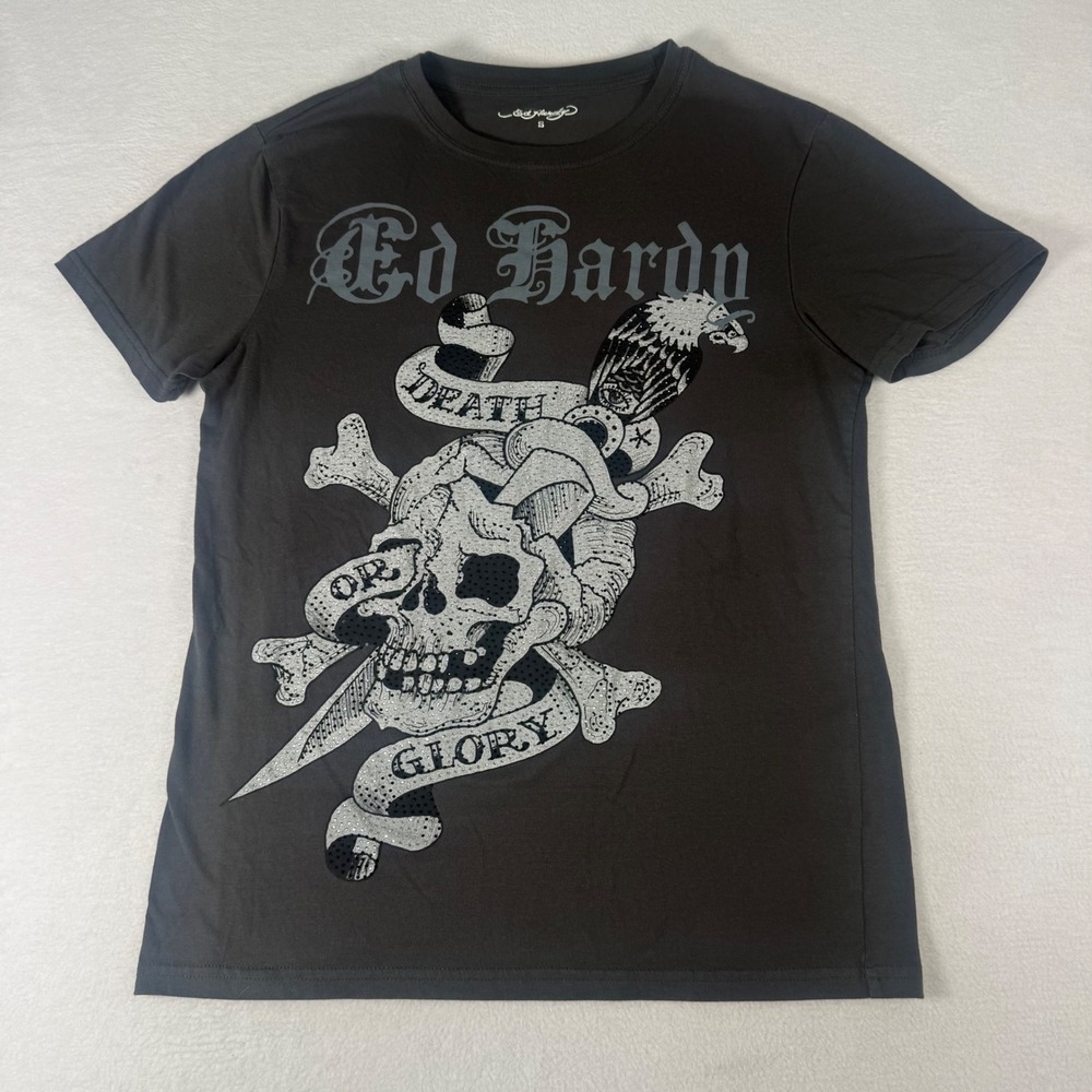 Ed Hardy Skull T Shirt Mens Small Gray Y2K Rhinestone Death or Glory Tee Skull